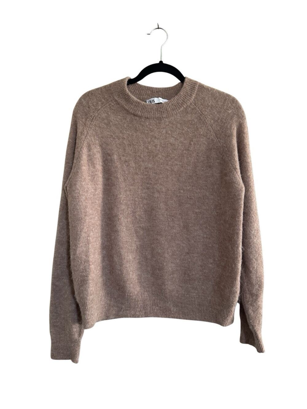 ZARA Alpaca Wool Fuzzy Brown Knit Pullover Sweater Crew Neck Womens Small #7171